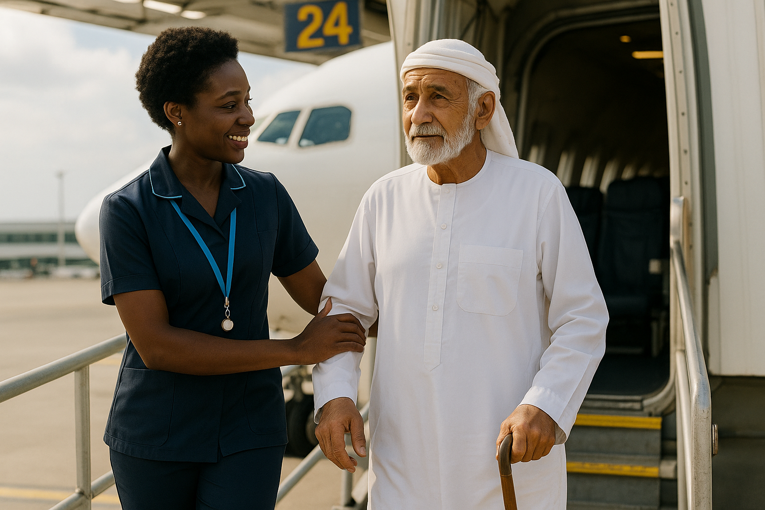 Nurse supporting an older passenger at an aircraft boarding bridge
