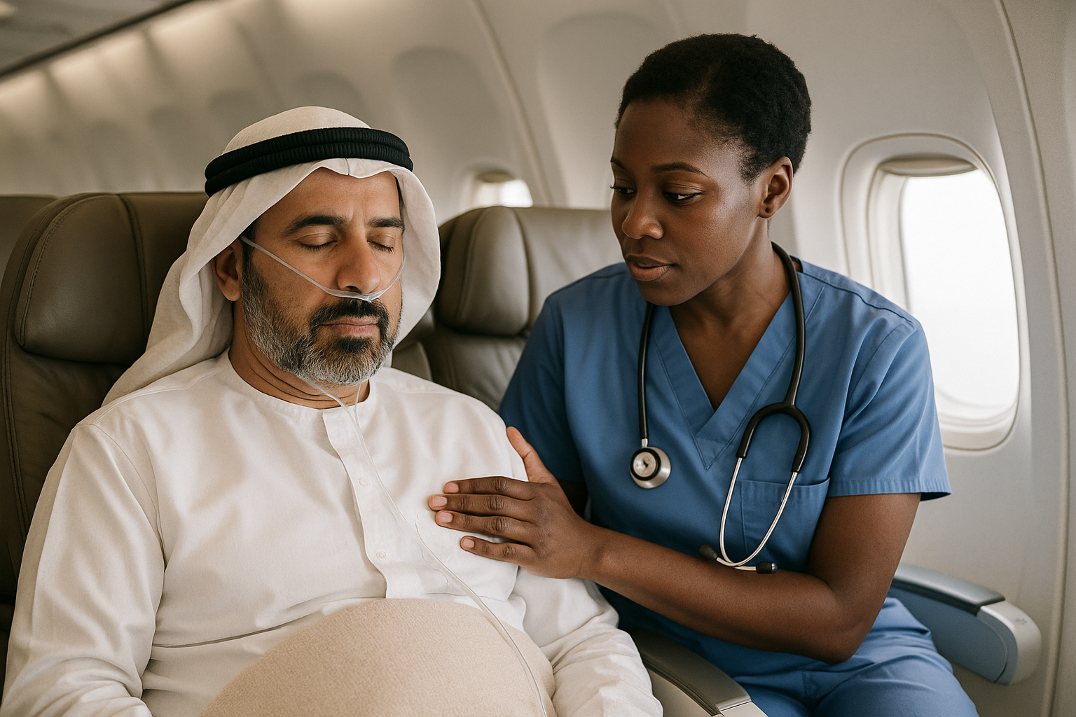 Nurse supporting a traveller receiving oxygen during a flight