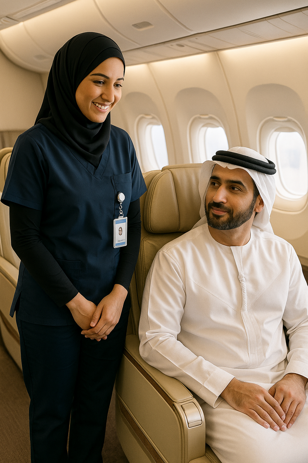 Female nurse escort beside a seated traveller in an aircraft cabin
